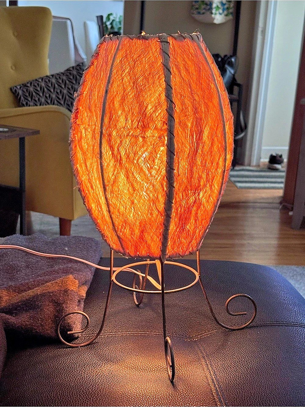 🌟 Vintage Indonesian Boho Chic Table Lamp - Textured Fibres & Wrought Iron